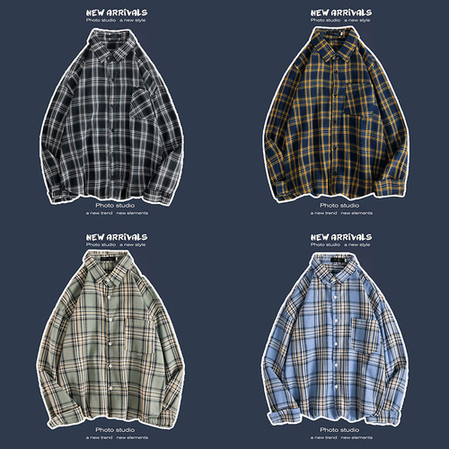 Spring and Autumn Shirt Men Korean Style Trendy Casual Loose Long-Sleeved Shirt Hong Kong Style Versatile Couple Retro Plaid Coat 