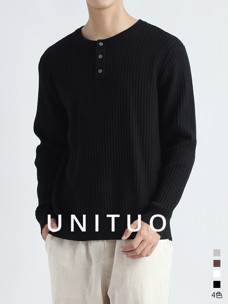 Lujo ligero de alto nivel Waffle Henry cuello camiseta de manga larga hombre casual overhead suéter de punto camiseta de base