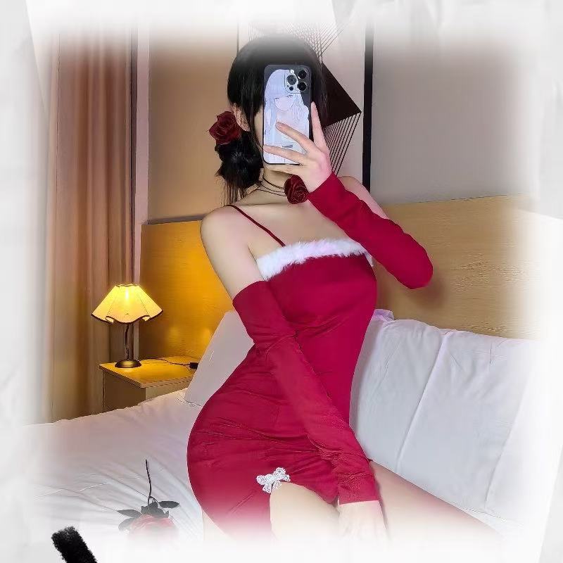 Red Christmas Lingerie Dress with Cheongsam Split and Sling Straps — detail image 2