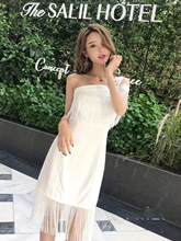 新款名媛泰国潮牌一字肩气质连衣裙女蕾丝欧美2021夏季流苏裙子