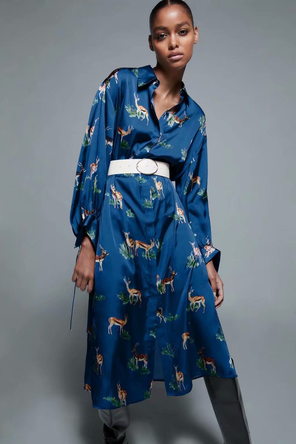 winter silk satin printed shirt long sleeve dress  NSAM22453