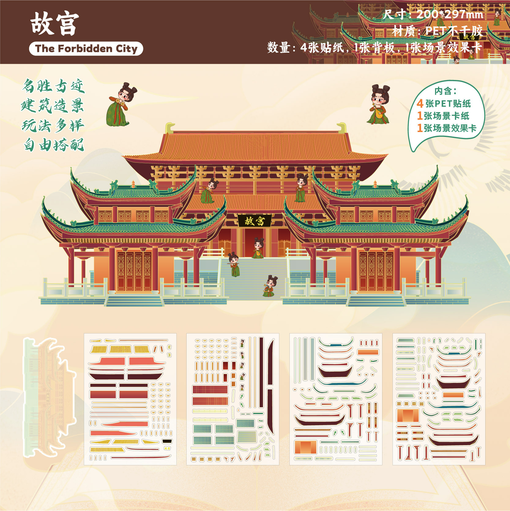 Pegatinas de paisajismo de Retro Story, tema de estilo nacional de arquitecto, pegatinas de película de corte de escena de material arquitectónico famoso