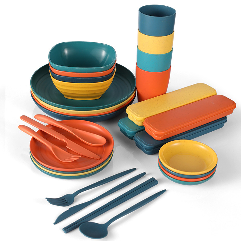 Creative plastic cross-border wheat straw tableware set including bowls, plates, cups, outdoor portable knives, forks, spoons, chopsticks