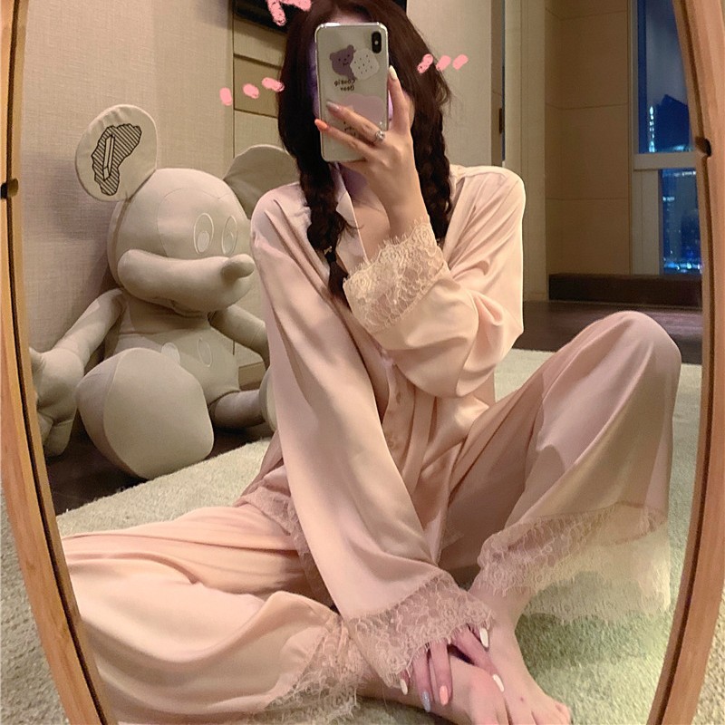 Spring and Autumn New Pajamas Women's Lace Long-sleeved Princess Style Outer Wear Cardigan Ice Silk Two-piece Set Summer Home Clothes suit