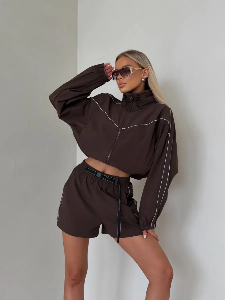 Women's Two Piece Set Solid Long Sleeve Zip Up Cardigan And Shorts_voghion.com