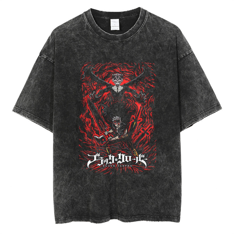 Shirt Japanese Anime Print Men's Retro t Black New Cross-Border Short-Sleeved Washed Clover