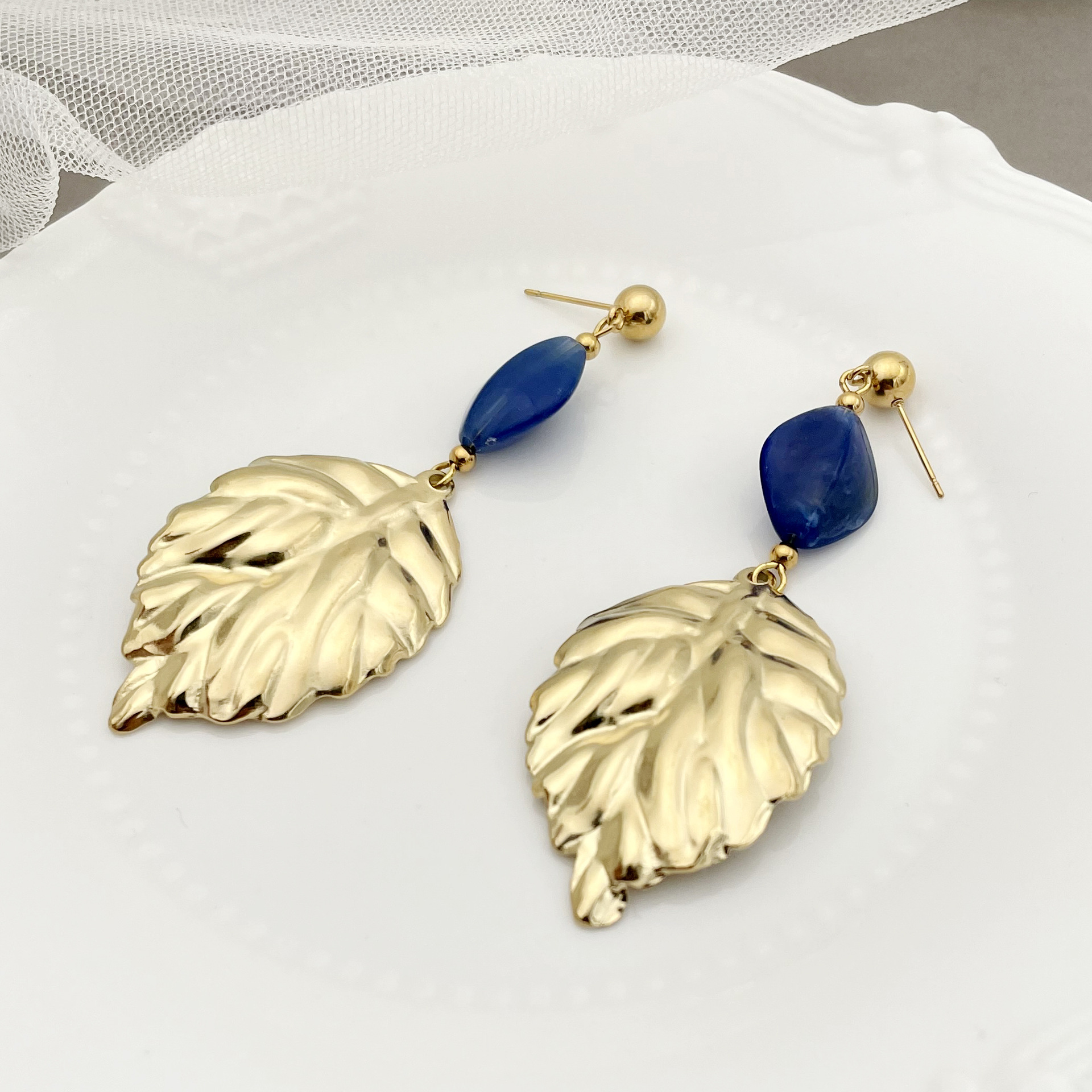 Retro Leaf Stainless Steel Inlay Agate Drop Earrings 1 Pair