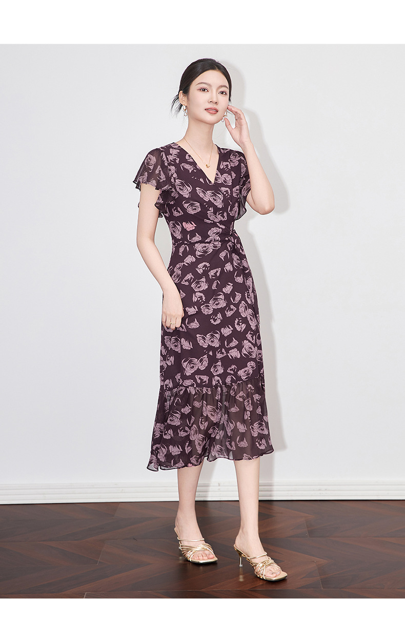 Váy maxi nữ cổ chữ V in hoa thắt eo phong cách cổ điển Pháp — Hoa xanh lam chi tiết 11