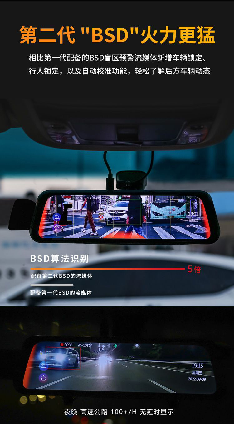 Car-mounted streaming media dashcam 4K HD 1080P full-screen touch smart BSD blind spot warning rearview mirror