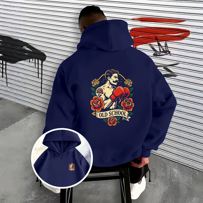 Boxer front and back double-print sweatshirt, heavy weight and loose fit, American retro tattoo style couple's trendy hoodie.