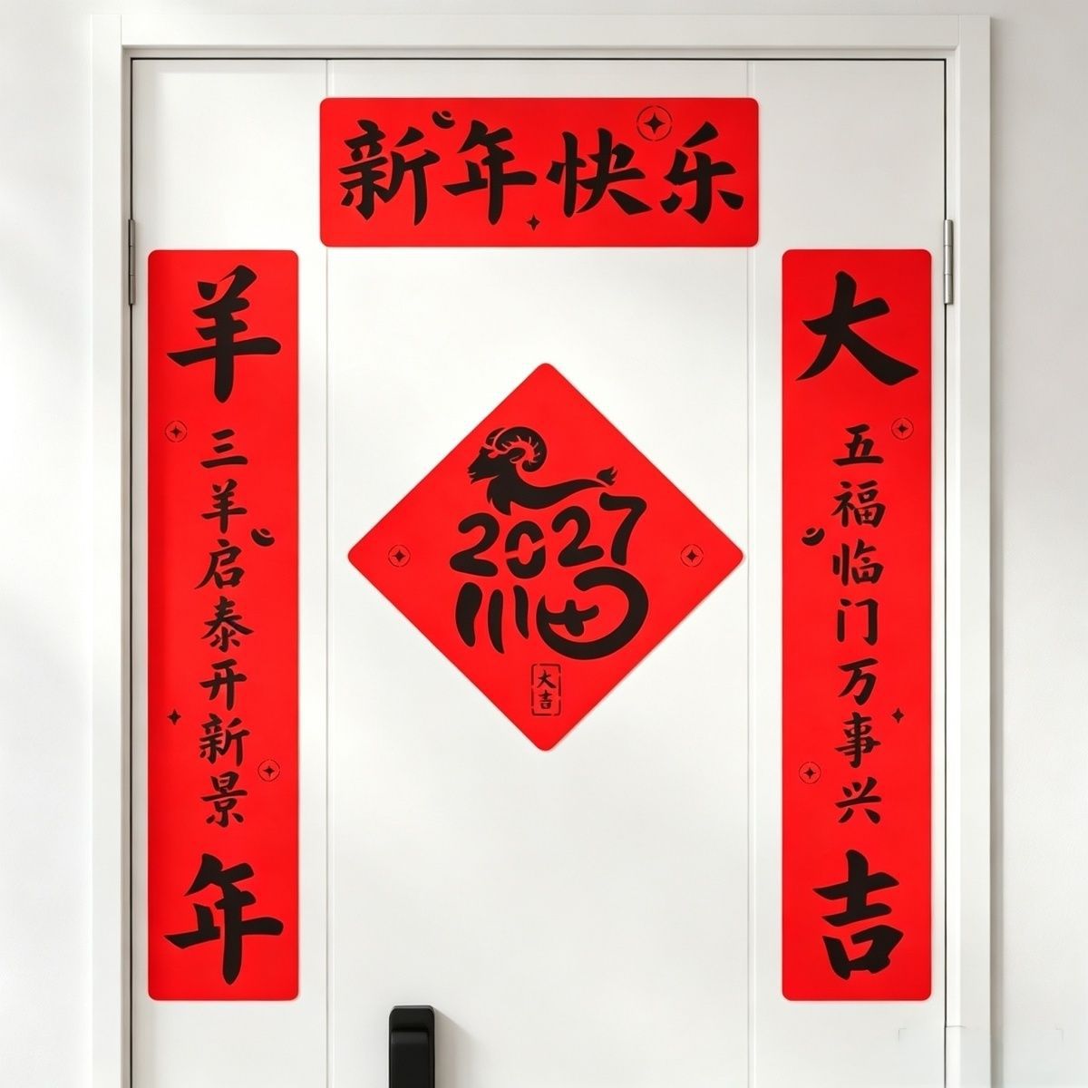 2027 Year of the Sheep New Magnetic Couplets for Spring Festival Door Decoration, Self-Adhesive Couplets for Entrance Door, Complete Set