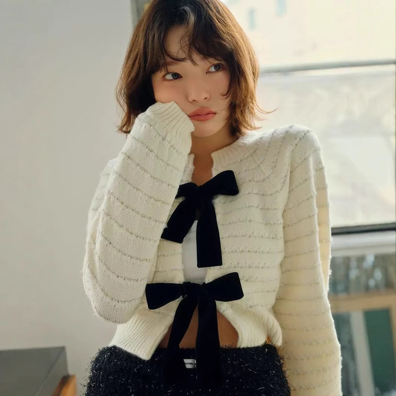 【Yibai】2024 Winter lb Japanese-Style Velvet Ribbon Bow Knit Cardigan S004 【Yibai】2024 Winter lb Japanese-Style Velvet Ribbon Bow Knit Cardigan S004