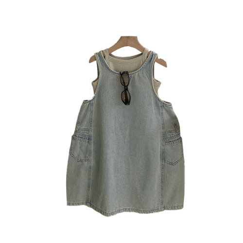 Girls' new summer versatile cute solid color vest 2025 trendy and fashionable denim vest dress two-piece set