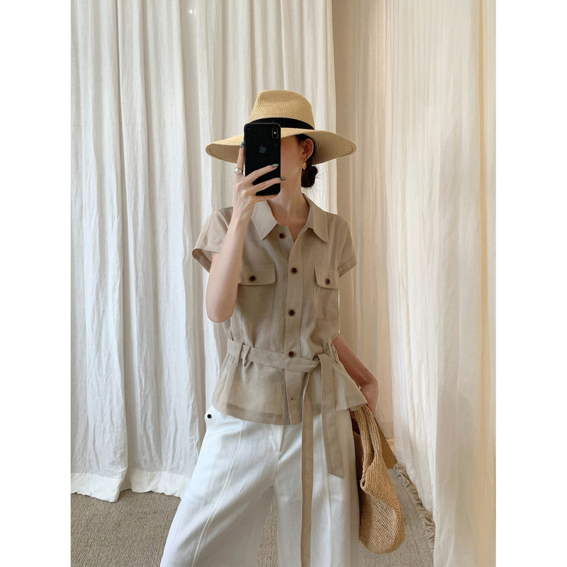 Han Xun Workwear Luxury Feel Ramie Tencel Cool-Touch Belted Double-Pocket Shirt for Women 2026 Summer New Model 26943