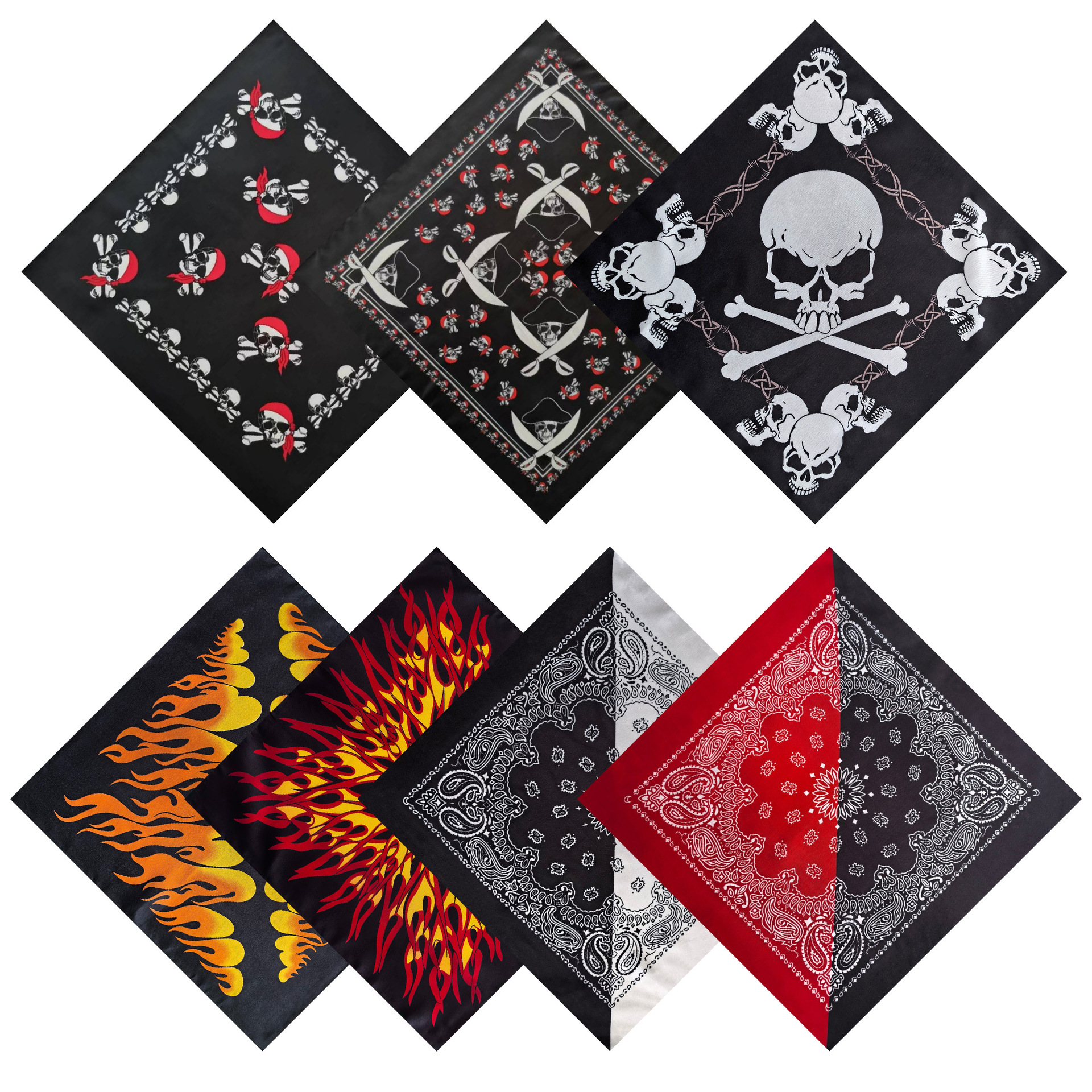 Directly supplied by the manufacturer: Polyester 21g black and white, black and red sunflower flame bandana, hip-hop street dance ghost face scarf