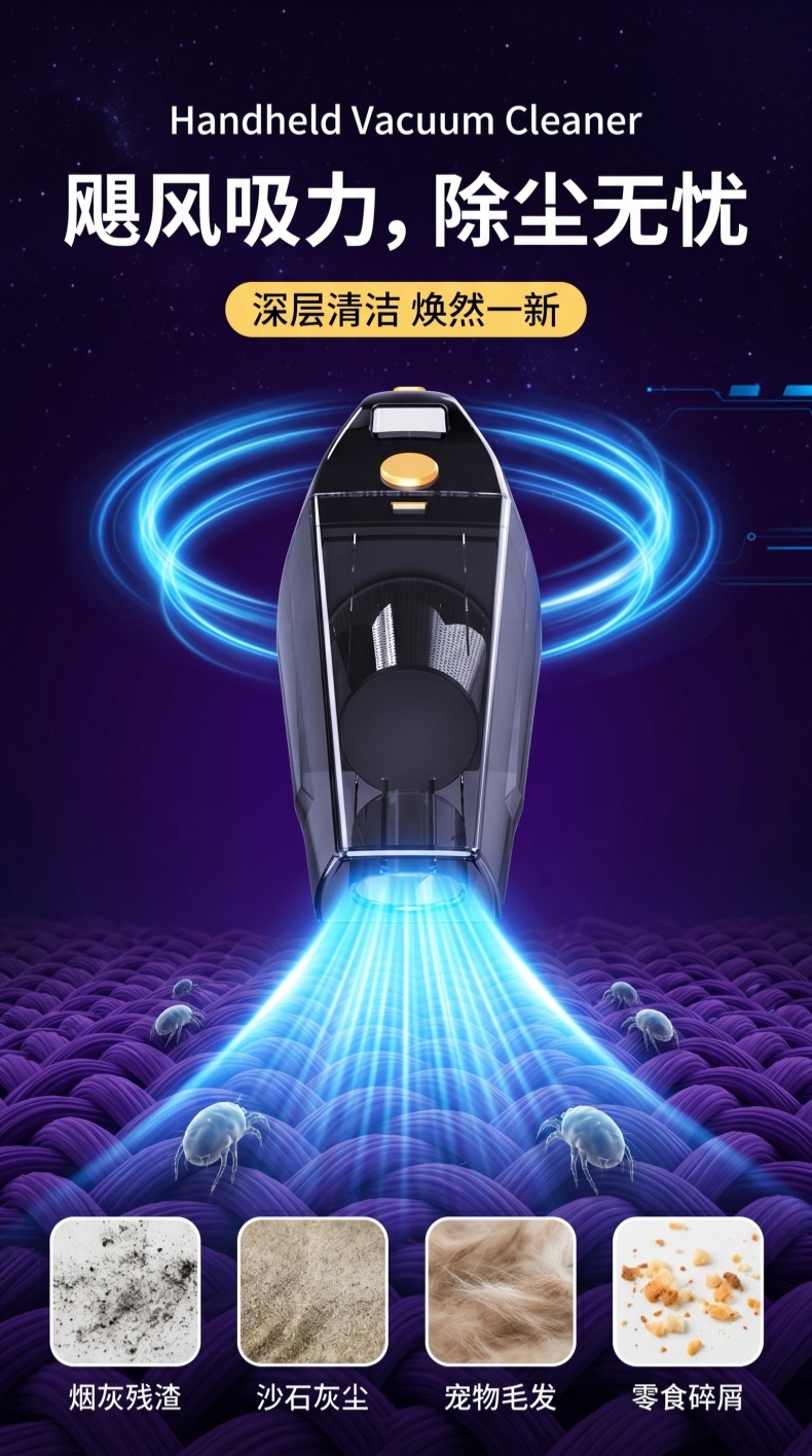 Car vacuum cleaner for home and car use, wireless, convenient, handheld, rechargeable, with lighting, high-power, powerful dust remover
