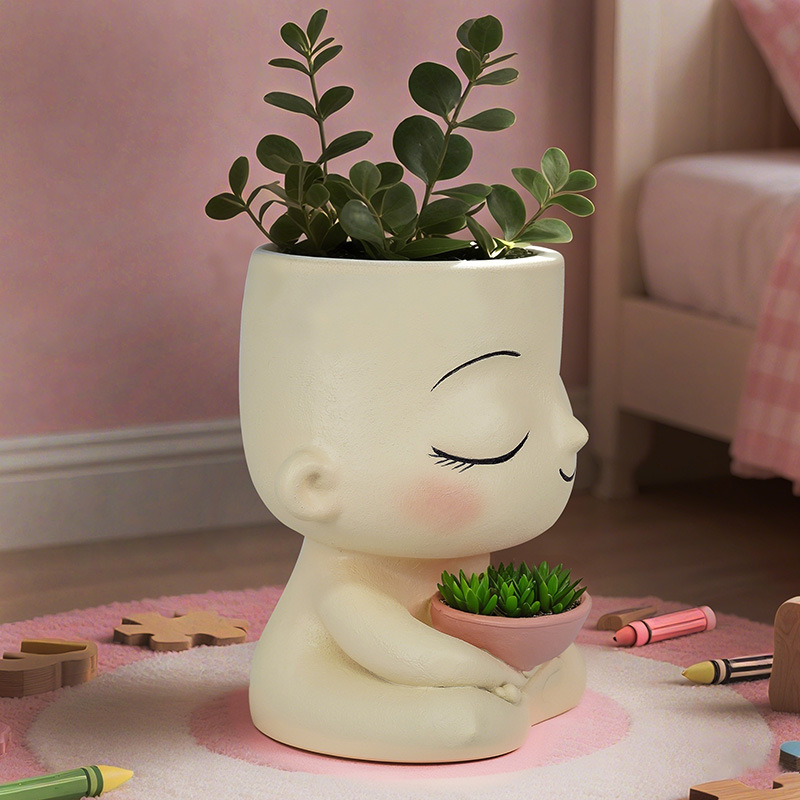 Manufacturer  Nordic Ins Boy Holding Bowl Resin Flower Pot with Double Planting Holes Home Garden Planting Container Decoration