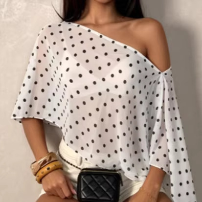 2026 European and American Style Cross-Border Spring and Summer New Women's Clothing Sexy Mesh See-Through Polka Dot Cape Blouse Top