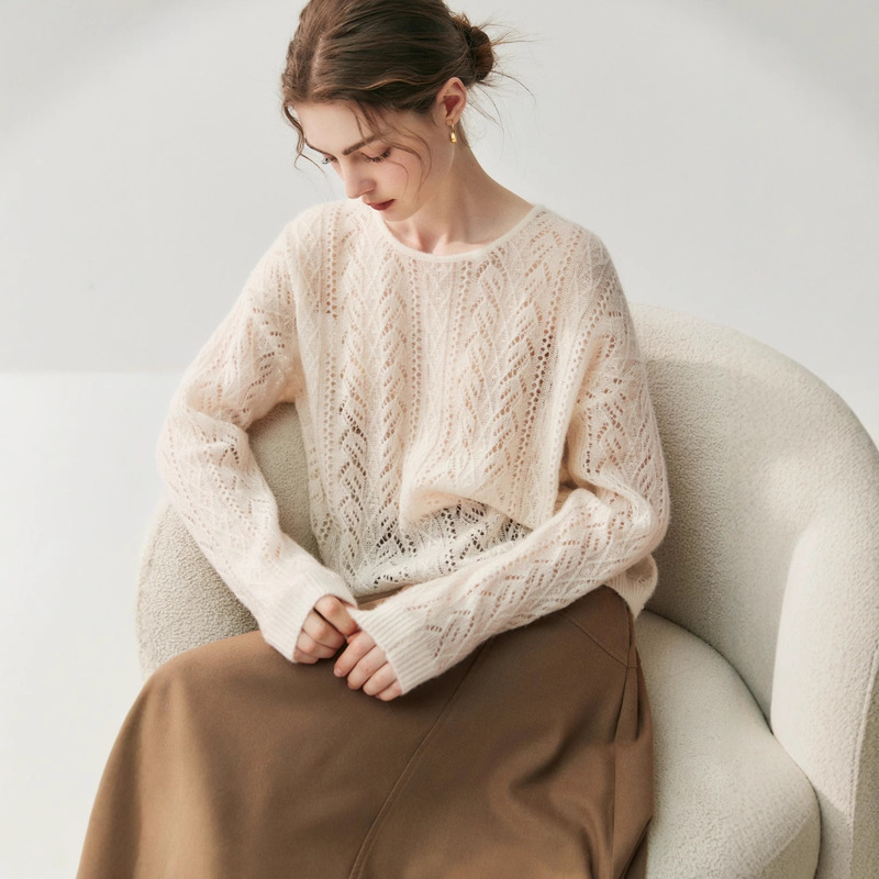 2025 Autumn and Winter New Style Light and Thin Cut Out Cashmere Sweater Personalized European Versatile Slightly See-Through Knitted Blouse Lazy Style Large Size