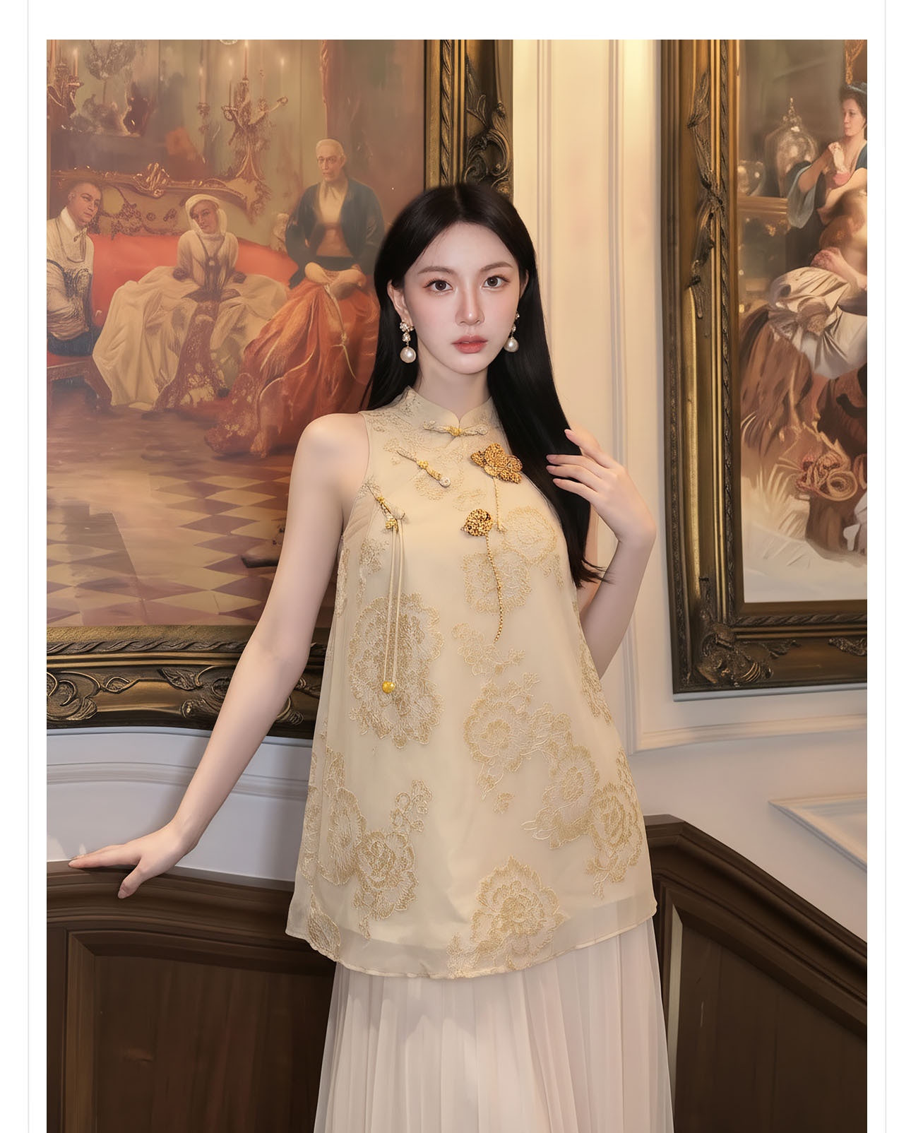 Đầm maxi nữ thắt eo thiết kế cổ điển họa tiết hoa nổi — Gừng chi tiết 2