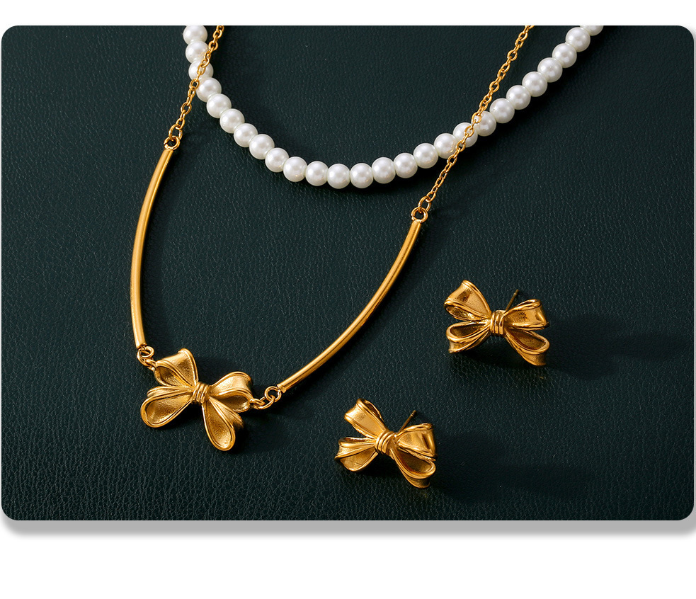 Collana con fiocco e orecchini vintage con dolce principessa, set di perline impilate e catena per clavicola_voghion.com