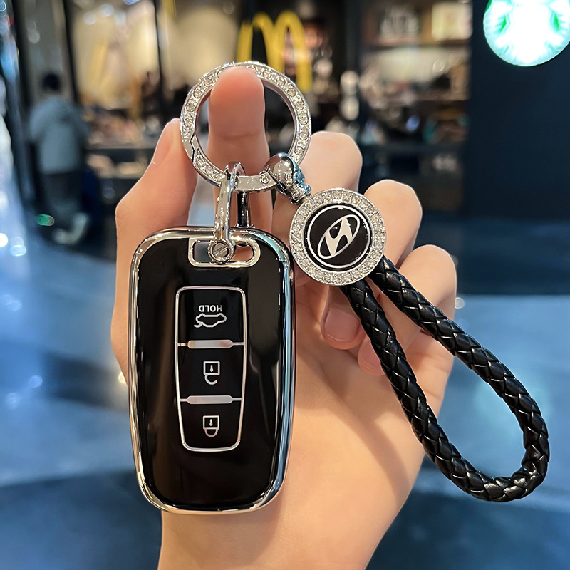 모던 D-스마트 3 키 [블랙 싱글 쉘] + 자동차 로고 꼰 로프