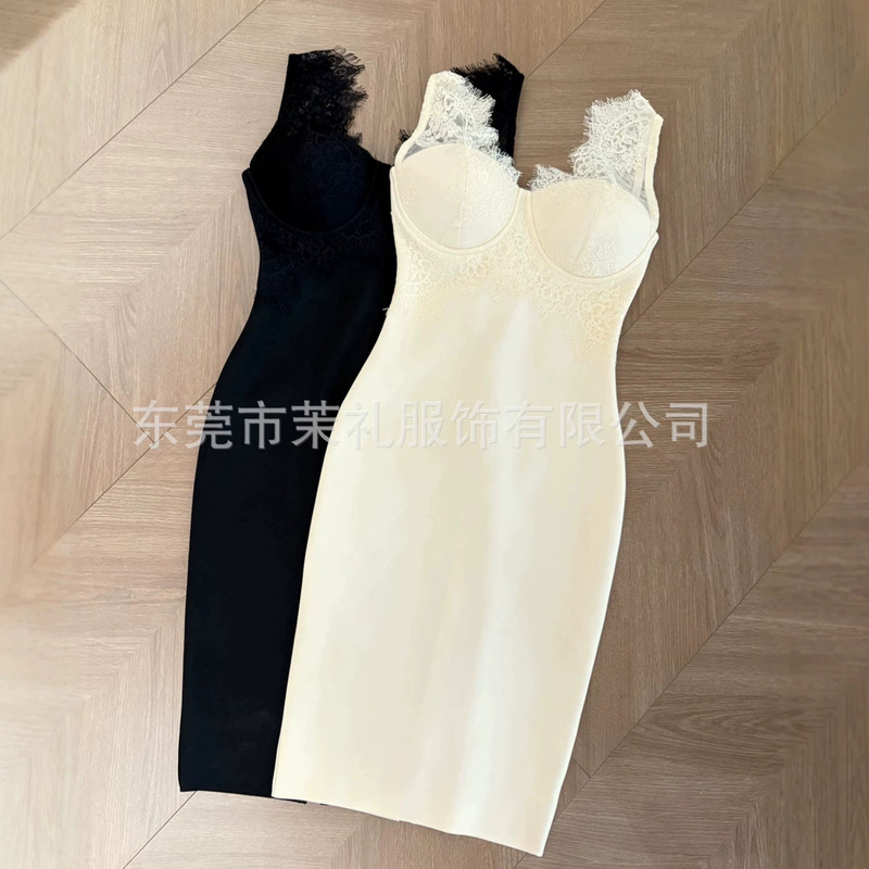 Influencer socialite lace patchwork sexy slim-fit long dress with back slit, bodycon, slimming, sleeveless, bandage dress