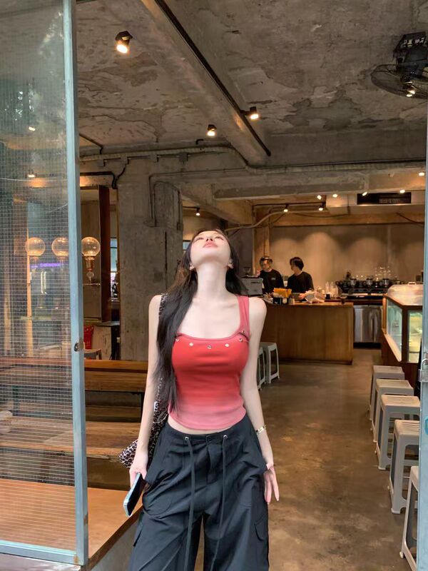 American Style Spice Girl Gradient Perforated Slim-fit Slim-fit Slimming Sleeveless Top Wearable with Chest Pad Sling Vest for Women