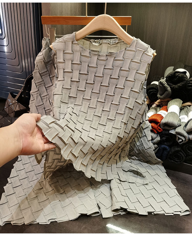 Bộ áo không tay cổ tròn phối quần lưng thun xếp ly dáng rộng mùa hè — đen, màu xanh, màu hồng, xám chi tiết 6