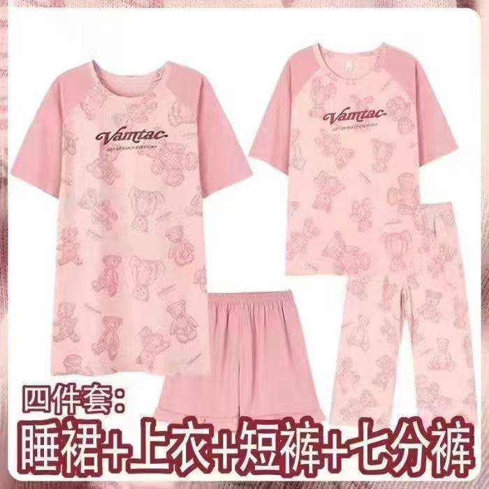 [Four-Piece Set] Summer New Thin Home Wear Short-Sleeved Nightgown Female Cartoon Casual Pajamas Cropped Pants Set