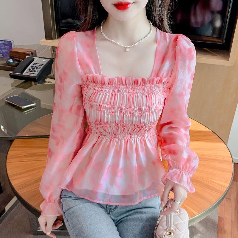 Early autumn French-style square-neck chiffon blouse for women, long-sleeved, floral print, beautiful, sweet and spicy, waist-cinching, puff-sleeved, backless shirt