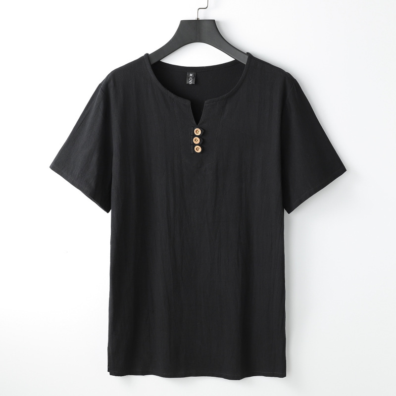リネン Tシャツメンズ半袖夏ルーズメンズ中国風綿とリネン半袖トレンディな中国風メンズボタンダウントップ|undefined