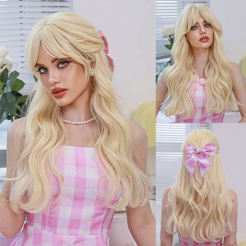 Golden Barbie Cosplay Wig Long Curly Hair with Side Bangs High-Quality Synthetic Fiber Cos High-Temperature Side Bangs Golden Barbie Cosplay Wig Long Curly Hair with Side Bangs High-Quality Synthetic Fiber Cos High-Temperature Side Bangs