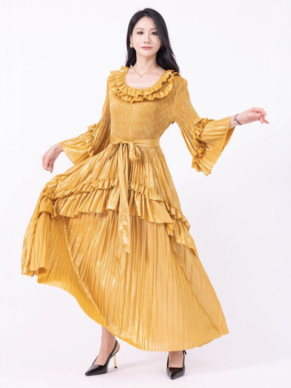 2025 春夏の新ファッションプリーツ気質ドレス痩身プラスサイズパーソナライズプリーツスカートドレス女性のための|undefined