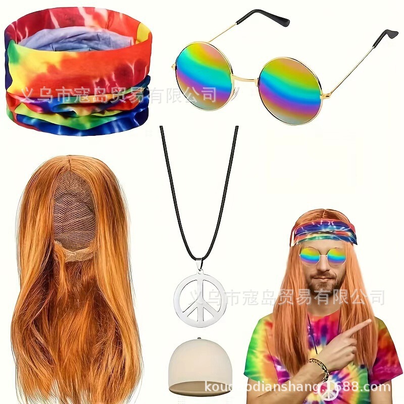 Xiyin Temu Hot-Selling Halloween 80S Disco 90S Punk Heavy Metal Long Straight Hair Rock Wig Set