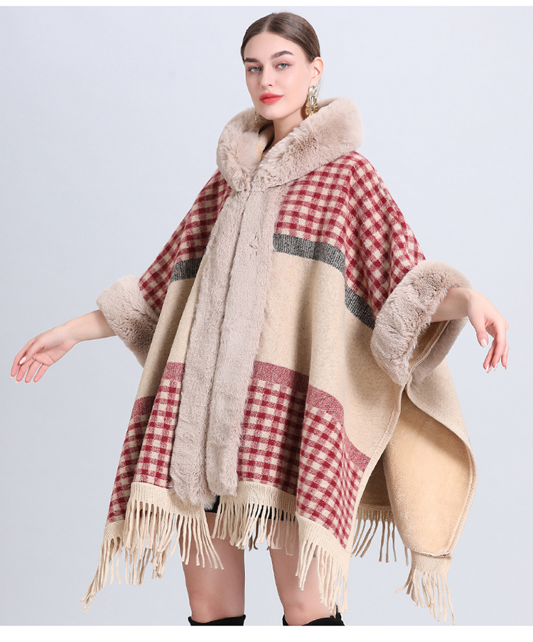 Loose and fleece thick woolen collar hooded fringe knitted shawl cape plus-size woolen coat_voghion.com