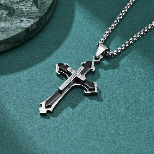 New European and American style three-layer flower-shaped combination stone cross pendant fashion retro men's trendy titanium steel necklace