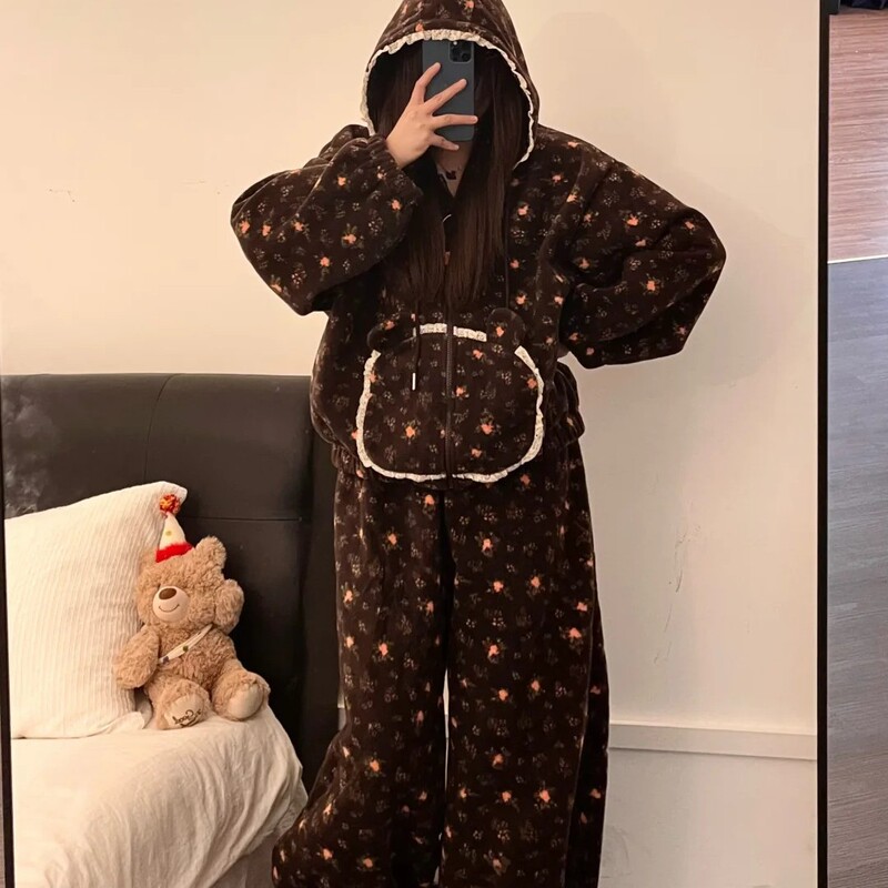 Women's plush pajamas, new autumn/winter style, long-sleeved, long-legged, with lace trim, zipper, hood, cute bear design, Korean-style loungewear set Women's plush pajamas, new autumn/winter style, long-sleeved, long-legged, with lace trim, zipper, hood, cute bear design, Korean-style loungewear set
