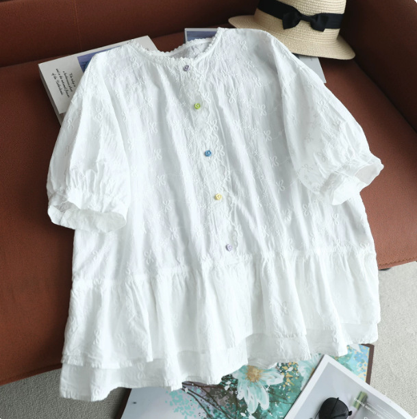 New Mori Girl Style Lace Collar Colorful Button Bow Embroidery Short-Sleeve Shirt for Women, Loose Lace Cardigan Top