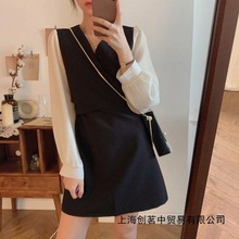 秋夏长袖雪纺连衣裙收腰显瘦打底裙女新款假两件洋气小个子短裙子