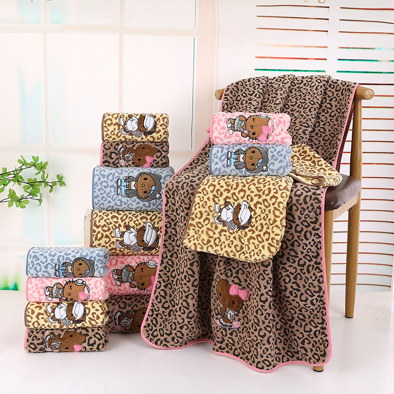 Leopard Print Coral Velvet Bath Towel with Cartoon Embroidery, Absorbent and Soft Hair Drying Cap, Quick-Drying Towel Set for Men, Women, and Children