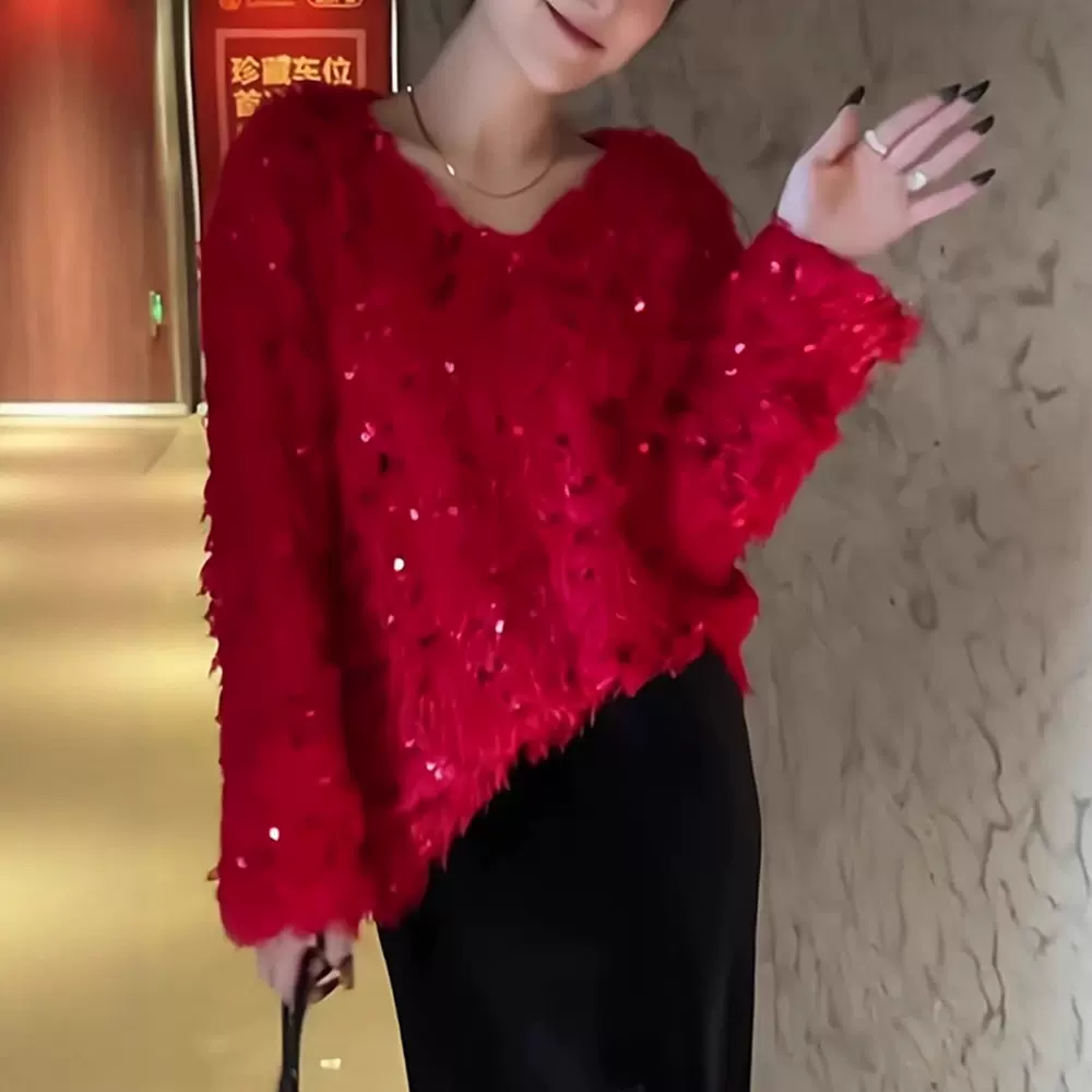 过年红气质亮闪闪毛衣女2025年春秋款时尚套头氛围感长袖针织衫潮