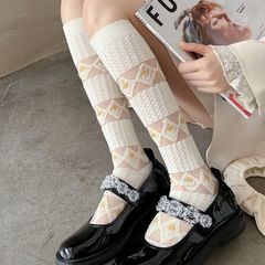 Women's Ultra-Thin Summer Cartoon Diamond & Floral Patterned Silk Stockings | Glassy-Finish Long JK-Style Lolita Socks