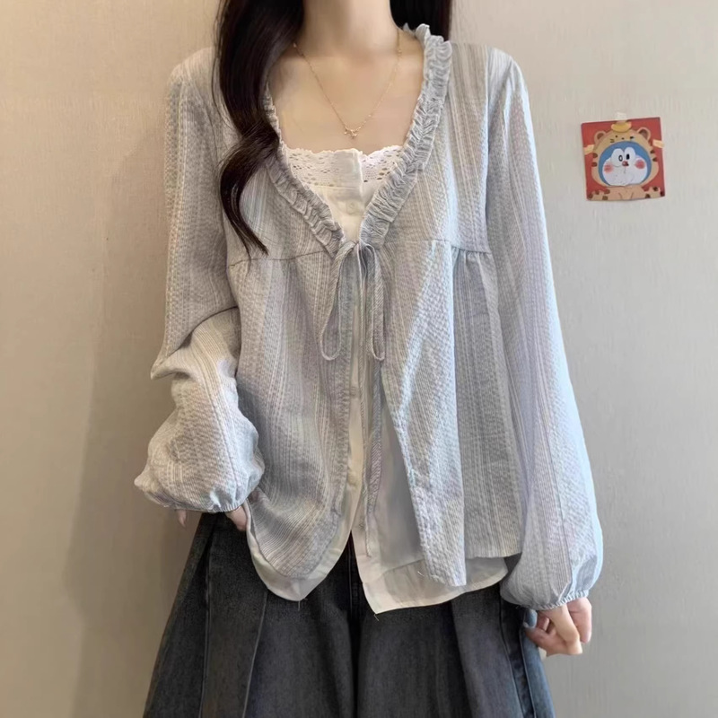 Plus Size 150kg Spring Fashion Fake Two-Piece Long-Sleeve Ruffled French-Style Top, Loose Fit, Slimming, Age-Reducing, Versatile Babydoll Shirt Plus Size 150kg Spring Fashion Fake Two-Piece Long-Sleeve Ruffled French-Style Top, Loose Fit, Slimming, Age-Reducing, Versatile Babydoll Shirt