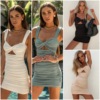 Solid color suspender V-neck sexy close chest high waist pleated buttock dress