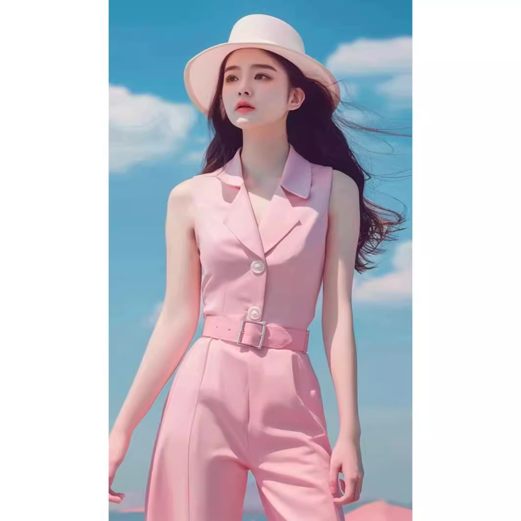 Bộ jumpsuit nữ dài tay màu hồng phong cách dopamine mùa hè cao cấp — Màu hồng