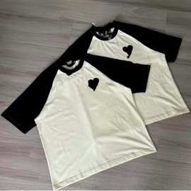 日系潮牌夏季新款爱心重叠刺绣拼色插肩棉质短袖打底T恤潮流