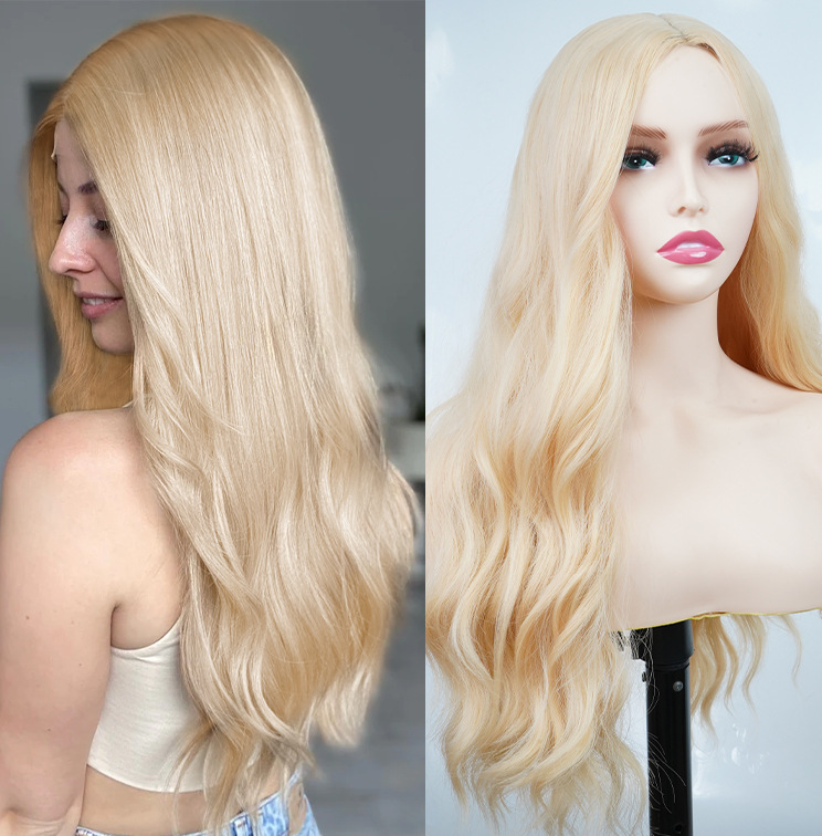 Synthetische Perücke, Seidenstirnband mit geteilter, großer, gewellter, langer, lockiger Perücke in Champagnergold_voghion.com