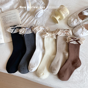 Socks Women's Cotton Socks Spring and Autumn brown Bow Cute Japanese Vintage Cloth Lace Autumn and Winter Piled Stockings