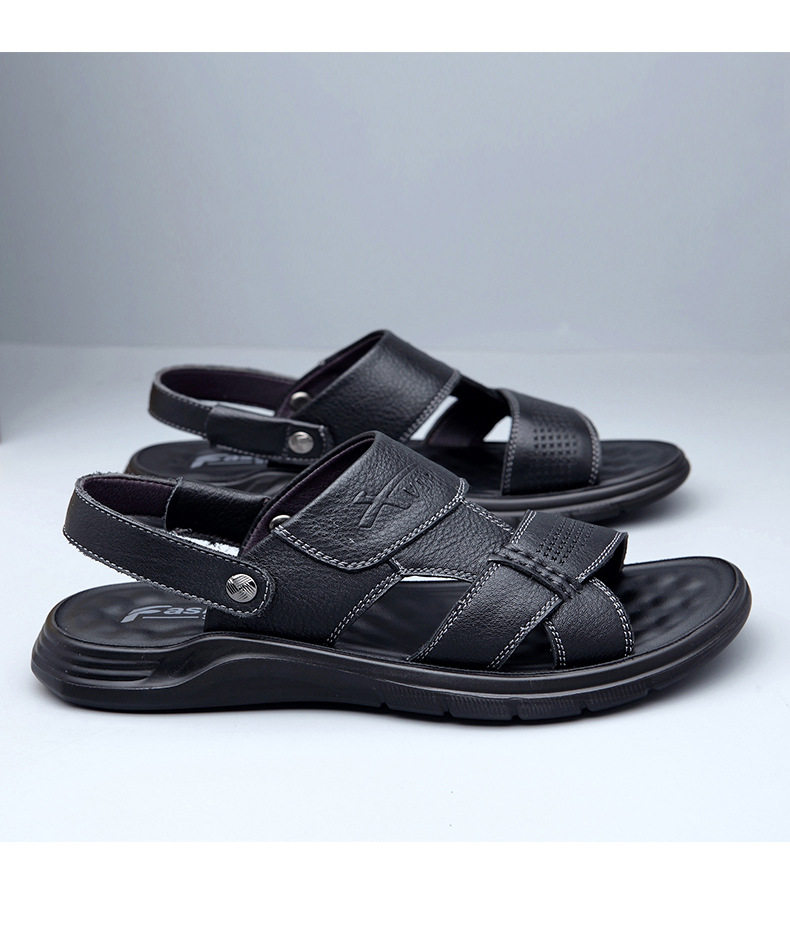 Dép sandal nam da bò hở ngón gót bằng 2,5 cm thoáng khí chống trượt — Kaki, Màu đen chi tiết 15